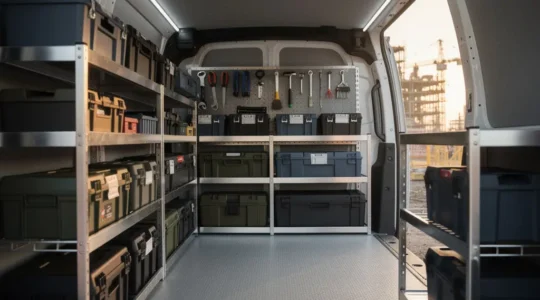 Intérieur d'un fourgon utilitaire professionnel parfaitement aménagé avec étagères métalliques, outils rangés et éclairage LED, portes arrière ouvertes sur un chantier