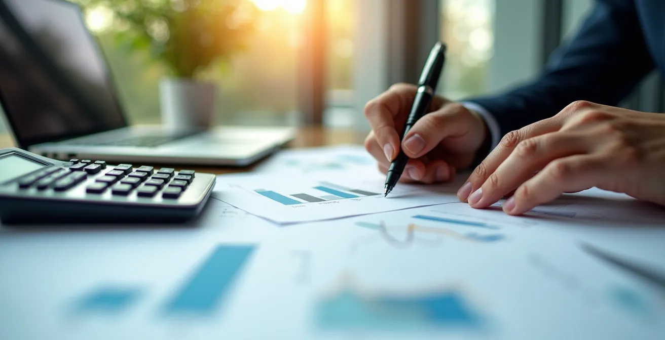 Main analysant des documents fiscaux avec calculatrice sur bureau professionnel pour calcul TVA véhicule d'entreprise