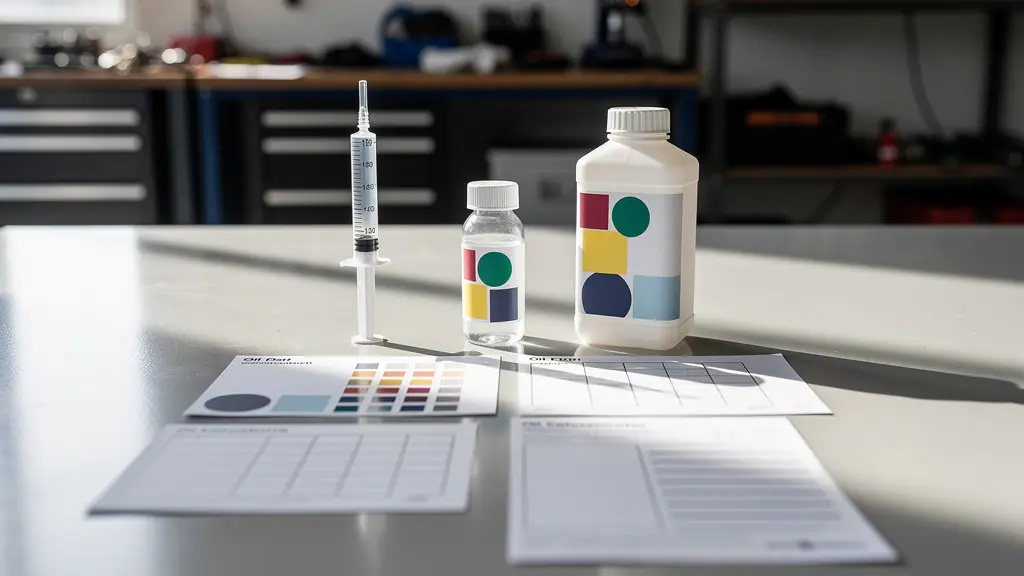 Kit d'analyse d'huile avec seringue de prélèvement et flacon d'échantillon sur établi d'atelier