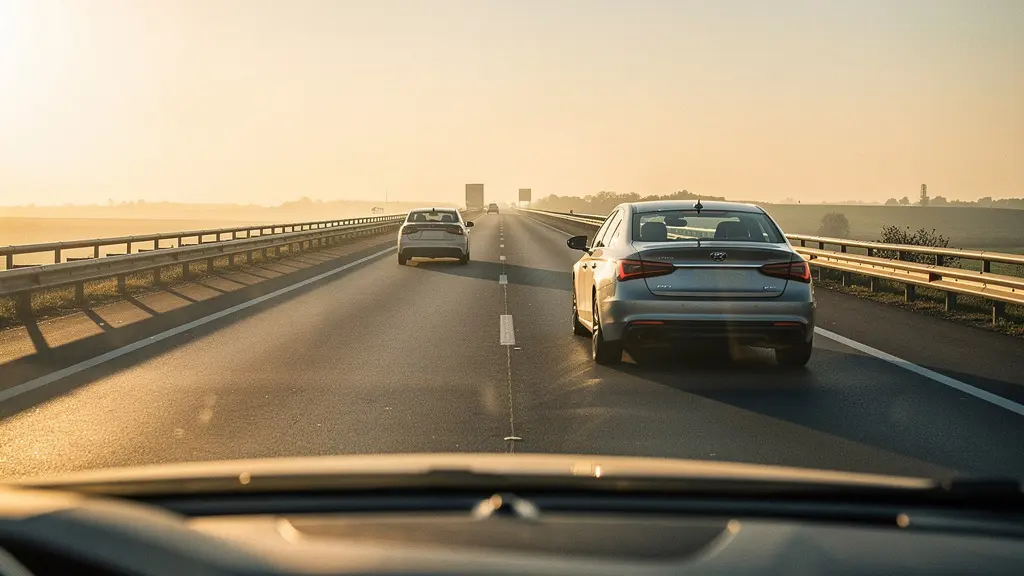 Vue depuis l'habitacle montrant trois véhicules devant sur autoroute