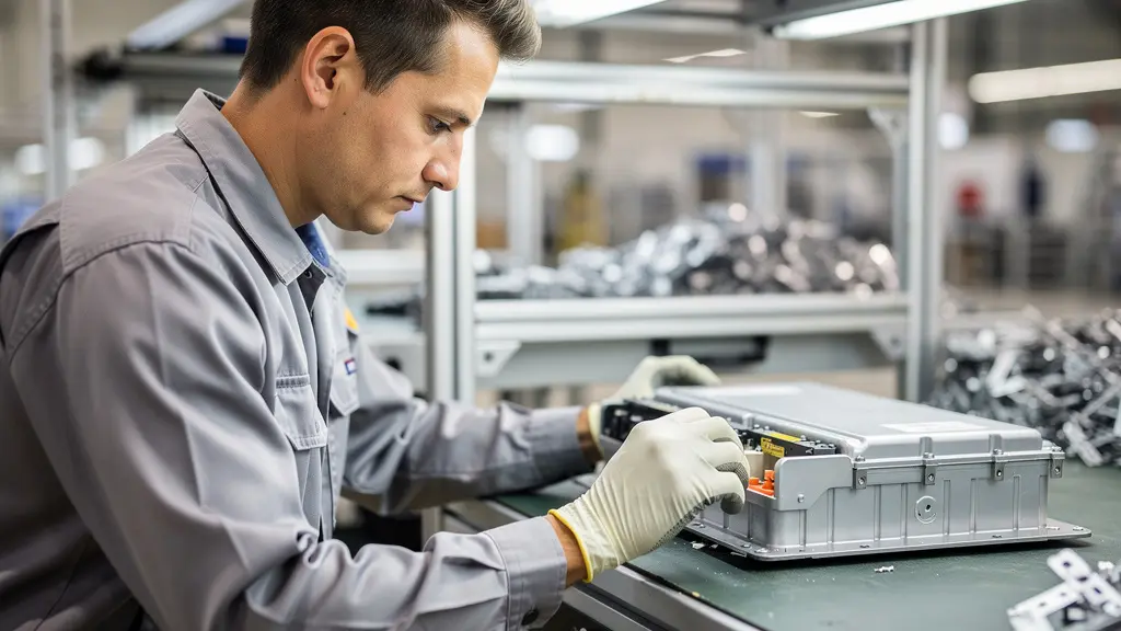 Plan moyen d'un mécanicien inspectant l'état d'une batterie de véhicule électrique dans un centre de recyclage moderne