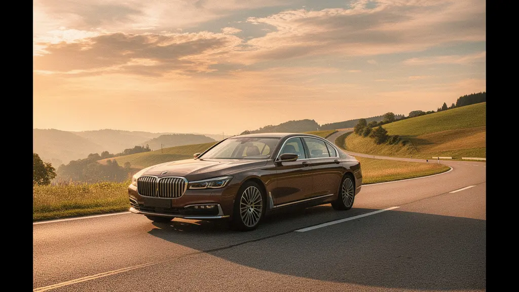 Berline routière élégante sur une autoroute dégagée au crépuscule, symbolisant le confort des longs trajets