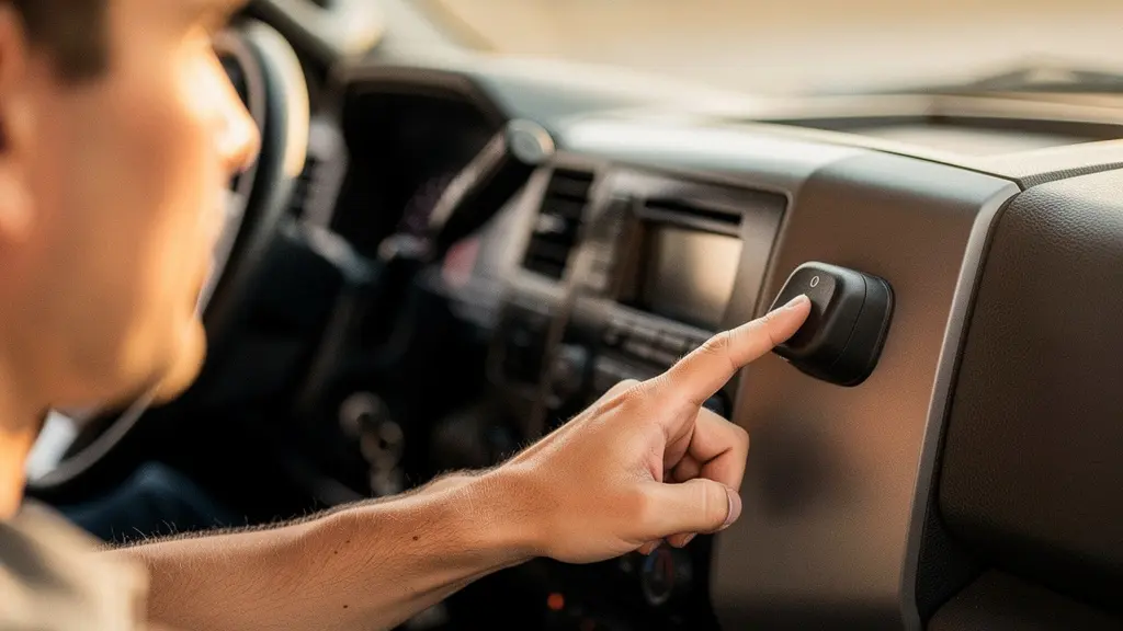 Doigt d'un conducteur appuyant sur un petit bouton discret intégré à un boîtier fixé sur le tableau de bord d'un véhicule, symbolisant la désactivation du mode professionnel