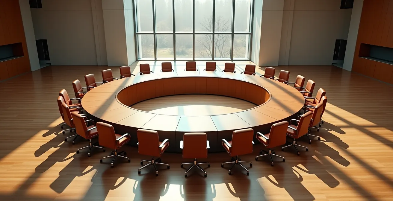 Salle de conseil municipal moderne avec grande table ovale vue en plongée