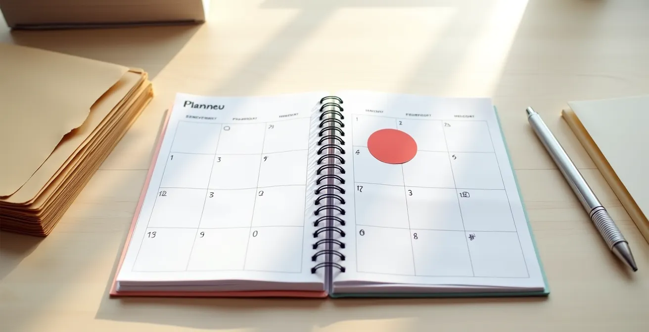 Espace de travail minimaliste avec calendrier et documents administratifs pour planification fin de contrat