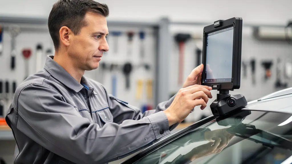 Technicien utilisant un équipement de calibration sur une caméra de pare-brise