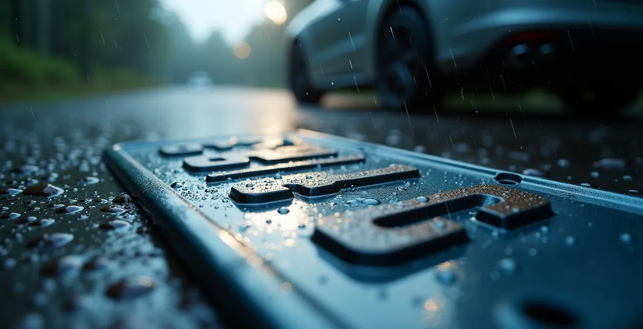 Gros plan sur une plaque d'immatriculation partiellement obscurcie par la pluie avec reflets lumineux