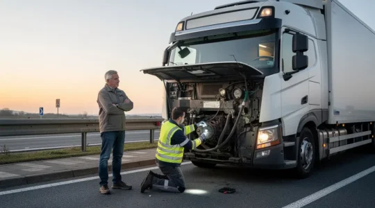Un tracteur routier immobilisé sur une aire de sécurité, avec un mécanicien effectuant une inspection de maintenance préventive, dans un cadre réaliste et sans texte.