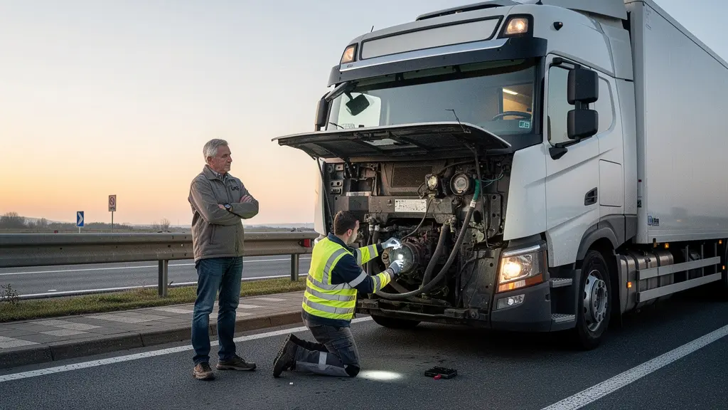 Un tracteur routier immobilisé sur une aire de sécurité, avec un mécanicien effectuant une inspection de maintenance préventive, dans un cadre réaliste et sans texte.