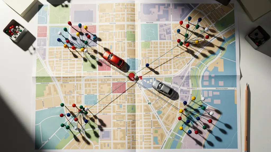 Vue de dessus d'une carte urbaine avec épingles marquant les rendez-vous clients et zones de stationnement stratégiques