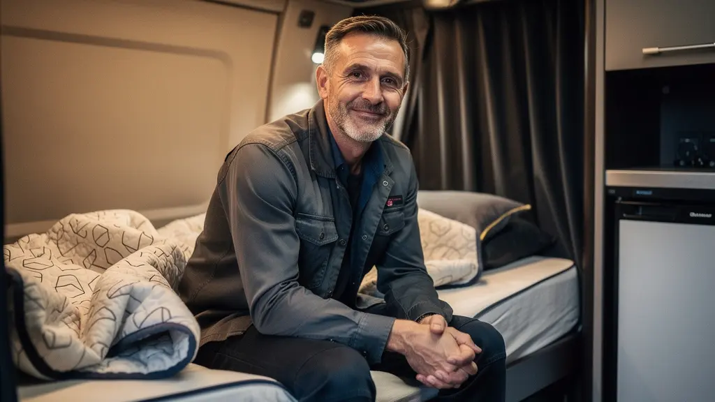 Un chauffeur routier se repose calmement dans une cabine moderne, éclairée doucement, mettant en avant le confort de vie à bord sans aucun élément de texte.