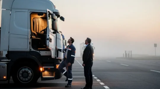 Deux responsables transport discutent avec un chauffeur près d’un tracteur routier moderne sur une aire de repos au lever du jour, suggérant un choix de véhicule orienté confort et fidélisation.