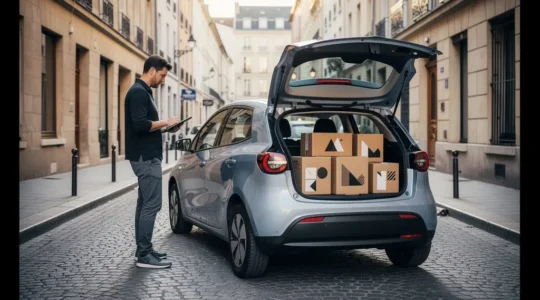 Citadine électrique effectuant des livraisons en centre-ville avec des colis dans le coffre