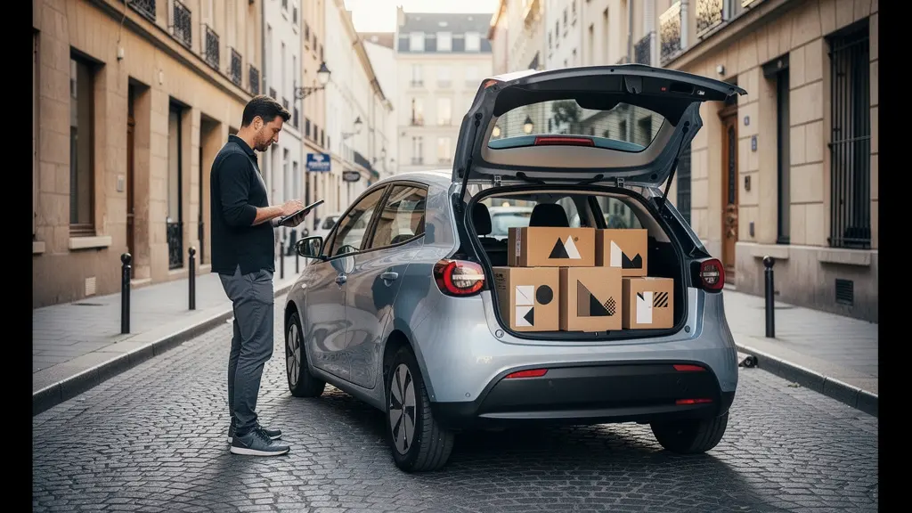Citadine électrique effectuant des livraisons en centre-ville avec des colis dans le coffre