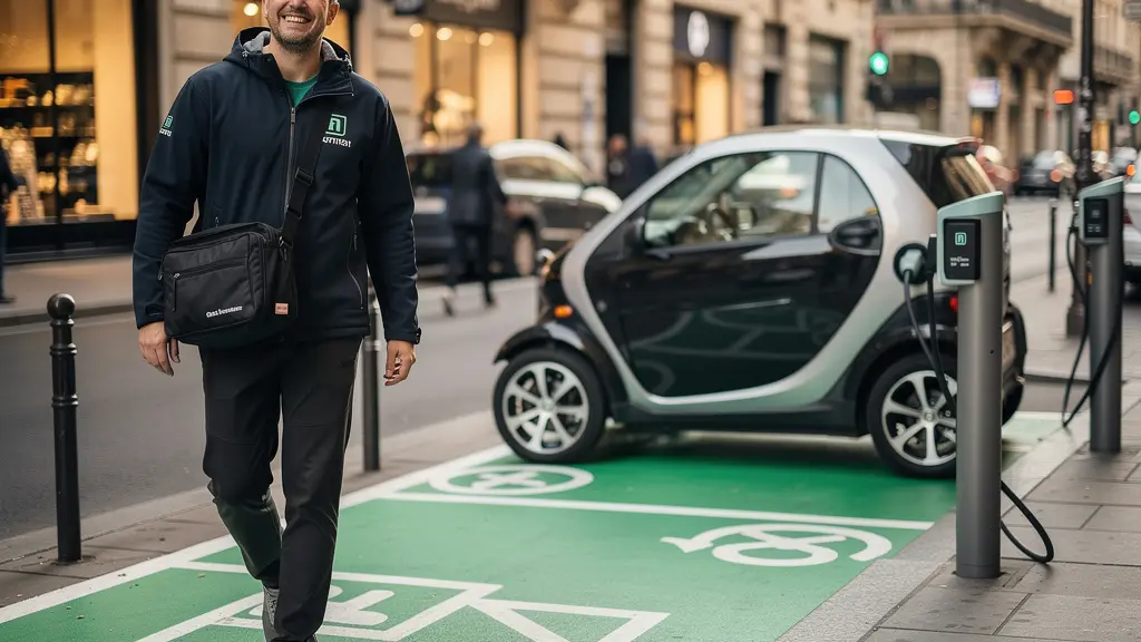 Un livreur satisfait retourne à sa citadine électrique garée gratuitement dans une zone réservée en centre-ville.