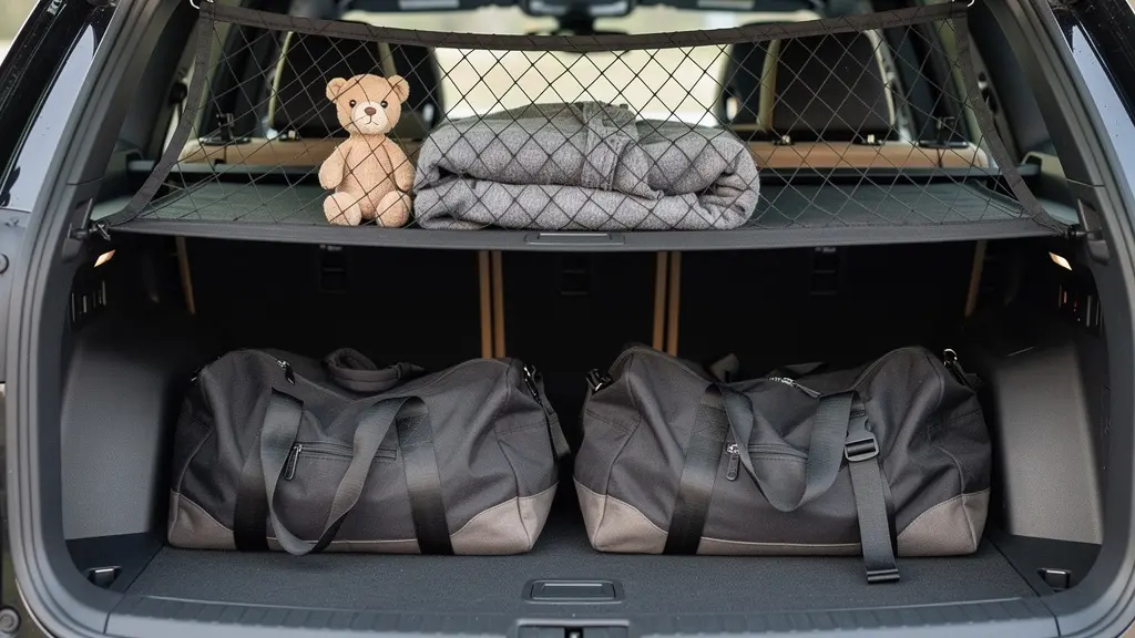 Coffre de SUV organisé avec des sacs souples, des sangles et un filet de retenue, montrant une disposition sécurisée.
