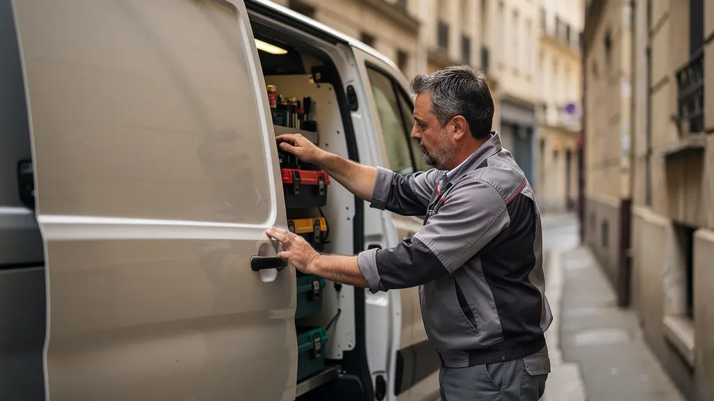 Vue comparative d'un fourgon atelier avec porte latérale ouverte dans une rue étroite