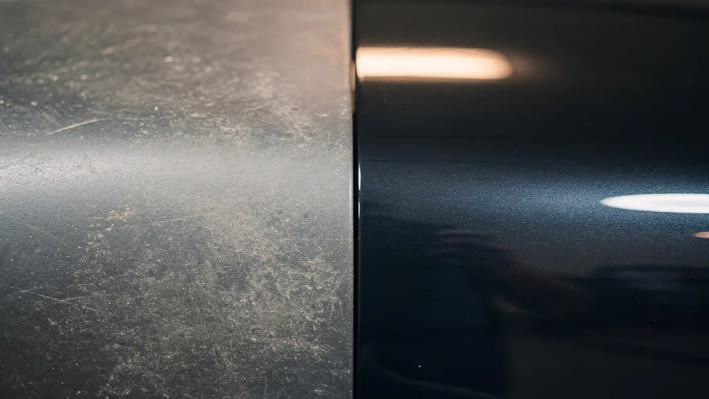 Gros plan macro sur la surface d'une carrosserie automobile montrant le contraste entre une zone ternie et une zone polie, illustrant l'impact visuel du reconditionnement esthétique