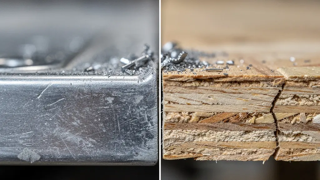 Gros plan macro sur la texture d'une étagère en aluminium brossé à côté d'une planche de contreplaqué, montrant les différences de grain et de résistance des matériaux