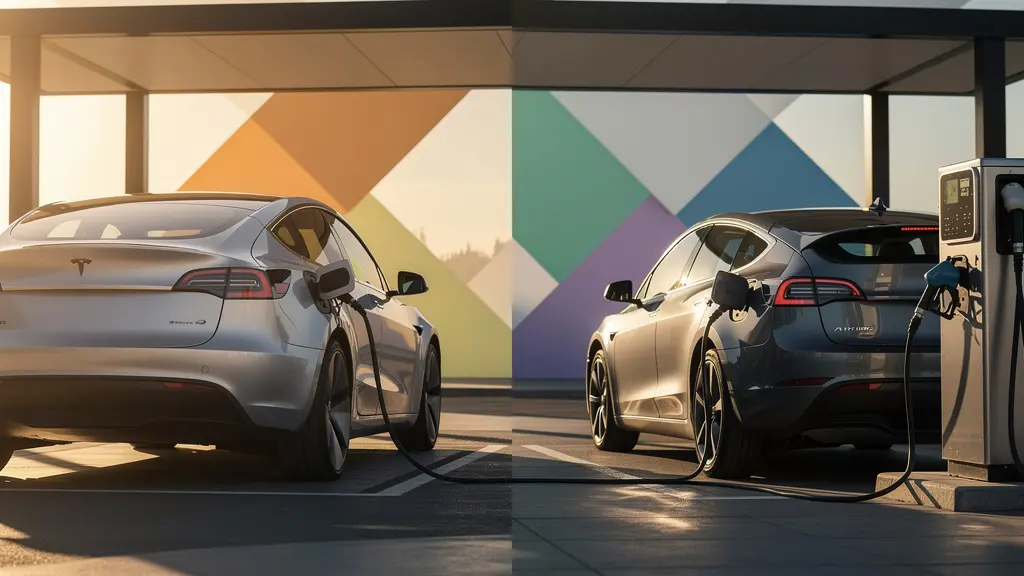 Deux citadines côte à côte, une électrique en charge et une hybride à la pompe, symbolisant le choix de technologie.