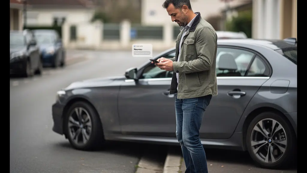 Conducteur vérifiant son attestation d'assurance auto sur smartphone près de sa voiture