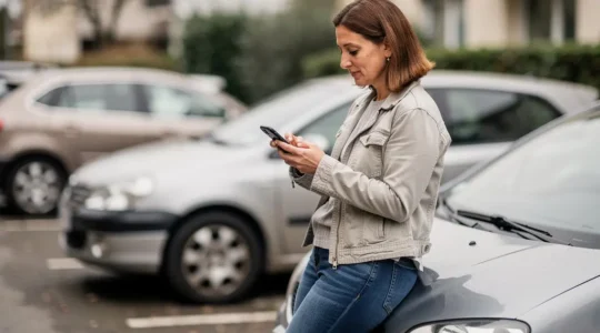Conductrice consultant une application de devis assurance auto sur smartphone