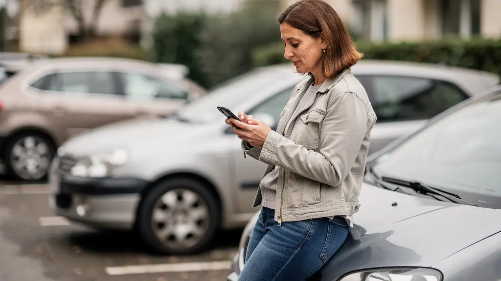 Conductrice consultant une application de devis assurance auto sur smartphone