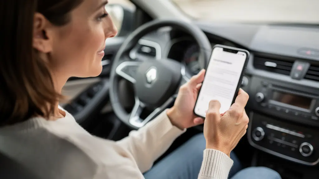 Conductrice vérifiant son attestation d'assurance auto temporaire sur smartphone