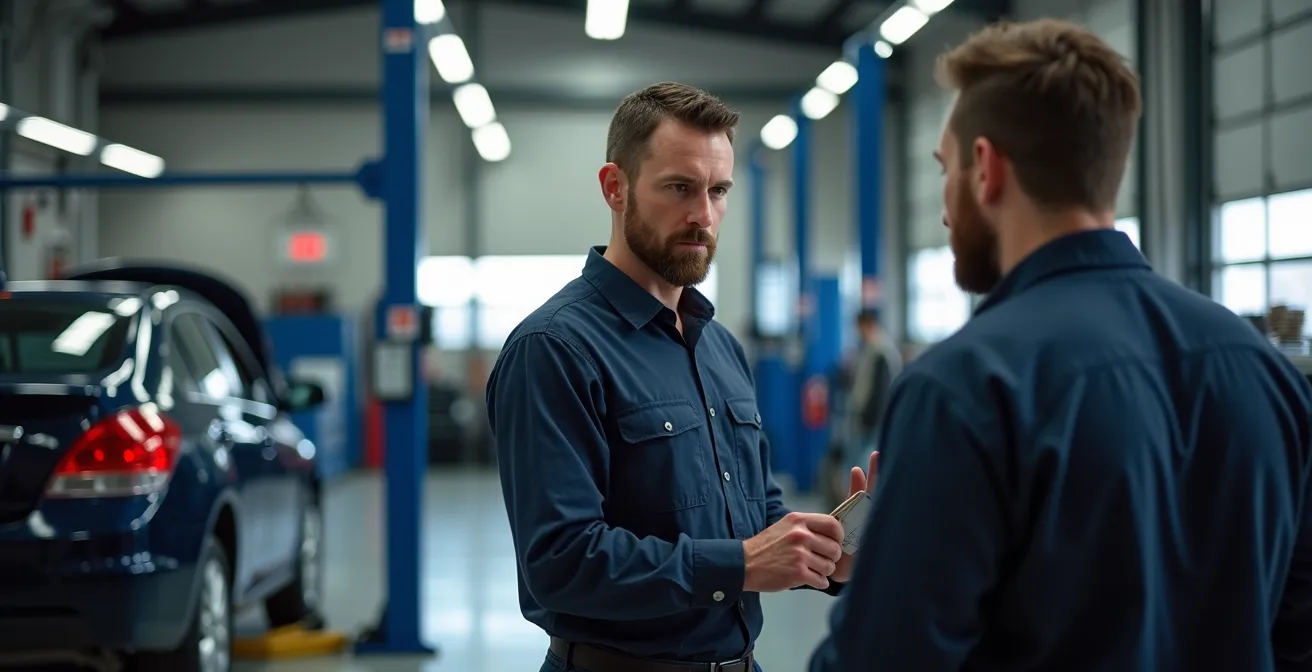Vue d'ensemble d'un garage de contrôle technique avec véhicule sur pont élévateur