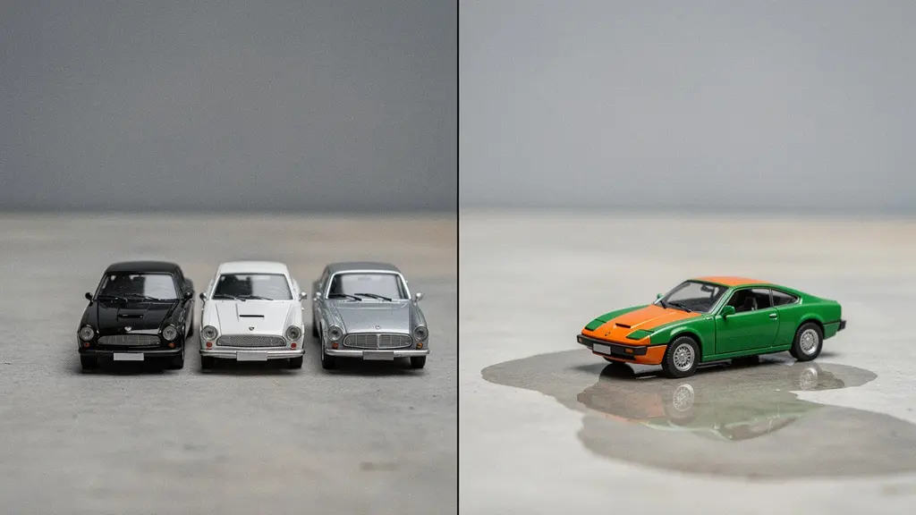 Contraste symbolique entre une carrosserie sombre sobre et un reflet coloré, illustrant le dilemme du choix de couleur pour la revente automobile