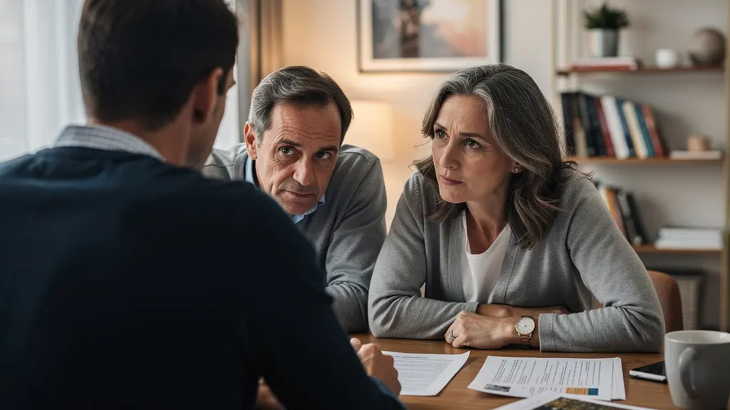 Couple français discutant de leur budget assurance auto dans leur salon