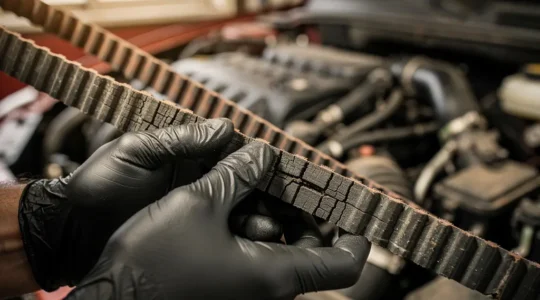 Mécanicien examinant une courroie de distribution usée avec des outils de diagnostic professionnels
