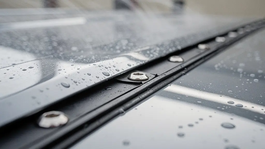 Gros plan macro sur le bord d’un déflecteur de toit de camion, avec gouttes de pluie et surface lisse, suggérant l’aérodynamique sans aucun logo ni texte.