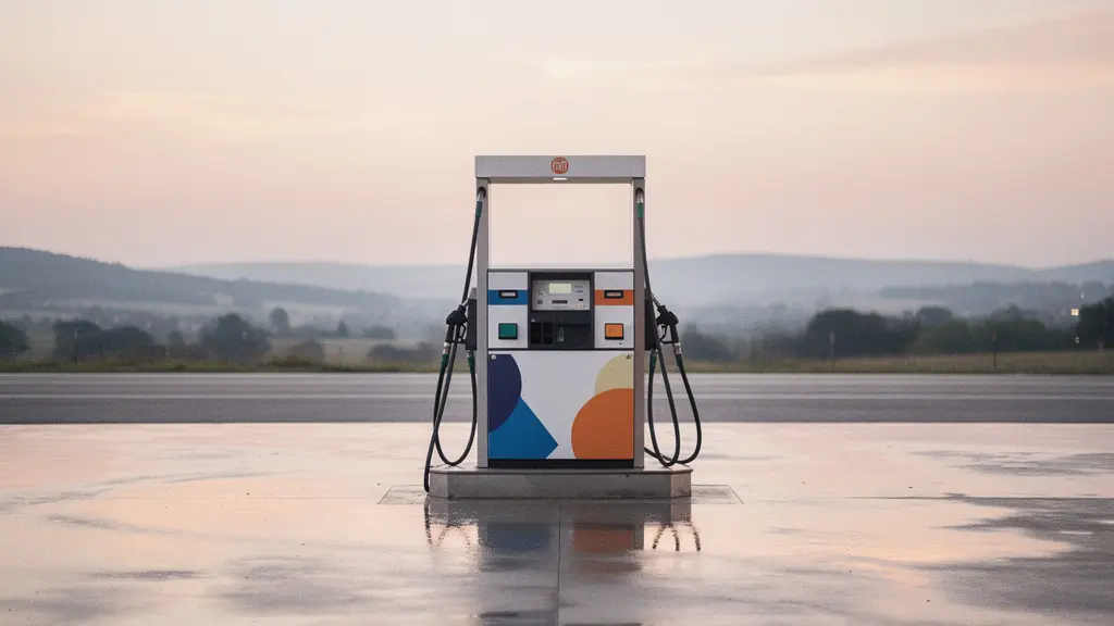 Vue contemplative d'une pompe à carburant avec deux pistolets symbolisant le choix entre essence et diesel pour les automobilistes