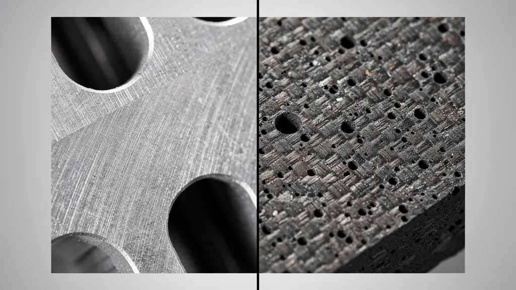 Comparaison côte à côte d'un disque ventilé en acier et d'un disque en carbone-céramique sur un fond neutre