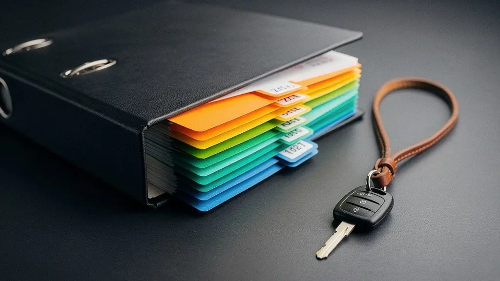 Photographie éditoriale d'intercalaires colorés dans un classeur à anneaux ouvert, symbolisant l'organisation rigoureuse des fiches conducteurs dans la gestion de flotte automobile