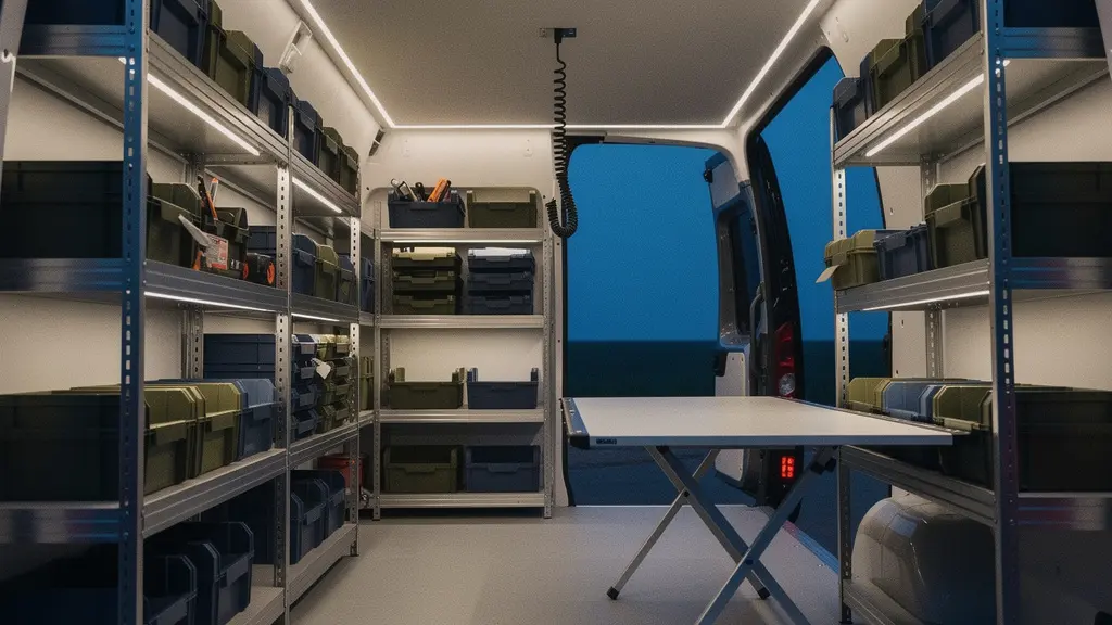 Intérieur minimaliste d'un fourgon atelier mobile éclairé par des rubans LED périphériques, outils soigneusement rangés sur étagères aluminium, ambiance épurée et fonctionnelle