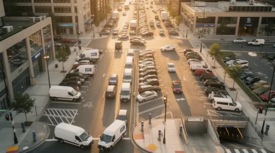 Vue aérienne d'un centre-ville avec parkings et véhicules professionnels cherchant des places de stationnement