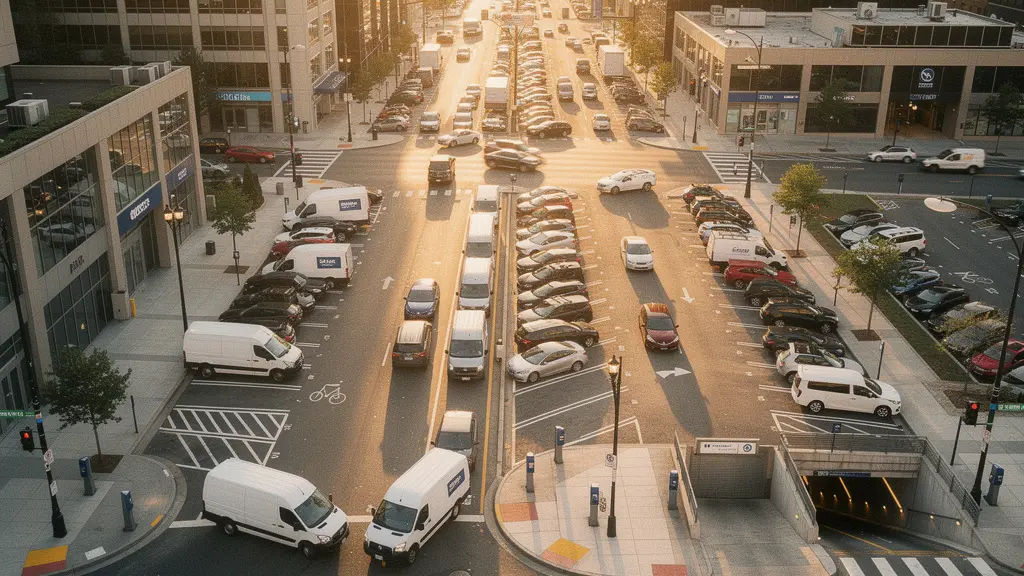 Vue aérienne d'un centre-ville avec parkings et véhicules professionnels cherchant des places de stationnement