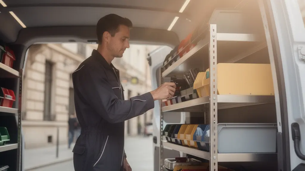 Silhouette d'un technicien travaillant debout dans un fourgon haut, éclairé par la lumière naturelle de la porte latérale ouverte, illustrant le confort ergonomique