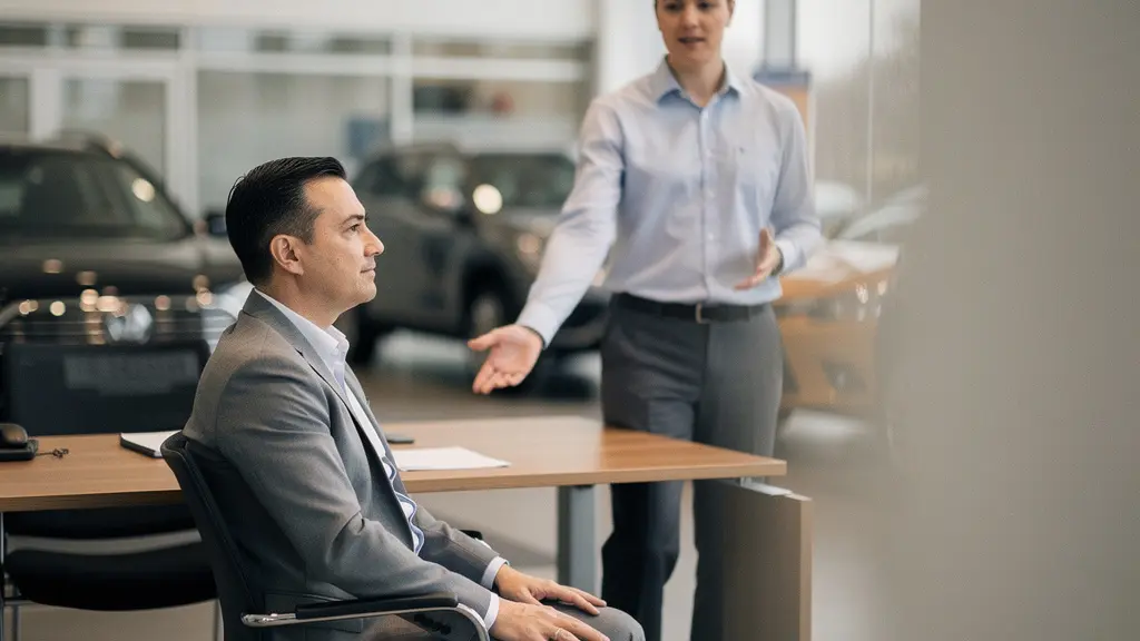 Client et vendeur se font face dans une concession, tension maîtrisée et langage corporel suggérant une négociation d’autorité, sans documents ni écrans visibles.