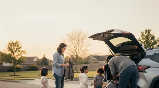 Une famille de cinq personnes se tient près d’un SUV compact, prête à partir en week-end, avec un grand espace vide dans le ciel pour un habillage éditorial.