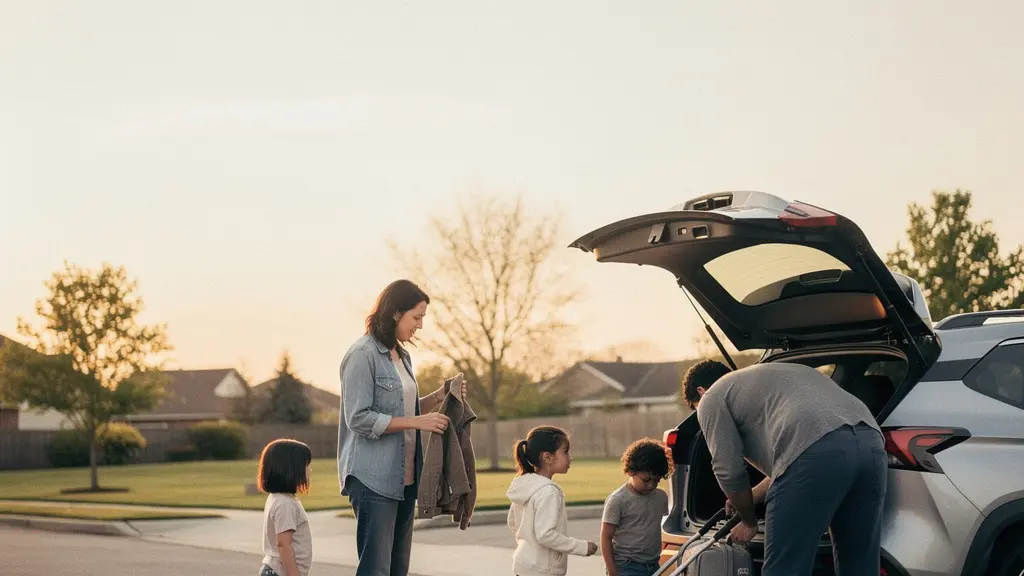 Une famille de cinq personnes se tient près d’un SUV compact, prête à partir en week-end, avec un grand espace vide dans le ciel pour un habillage éditorial.