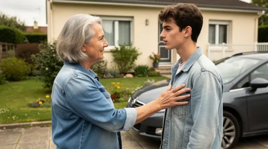 Parent transmettant les clés de voiture à un jeune adulte dans une allée résidentielle