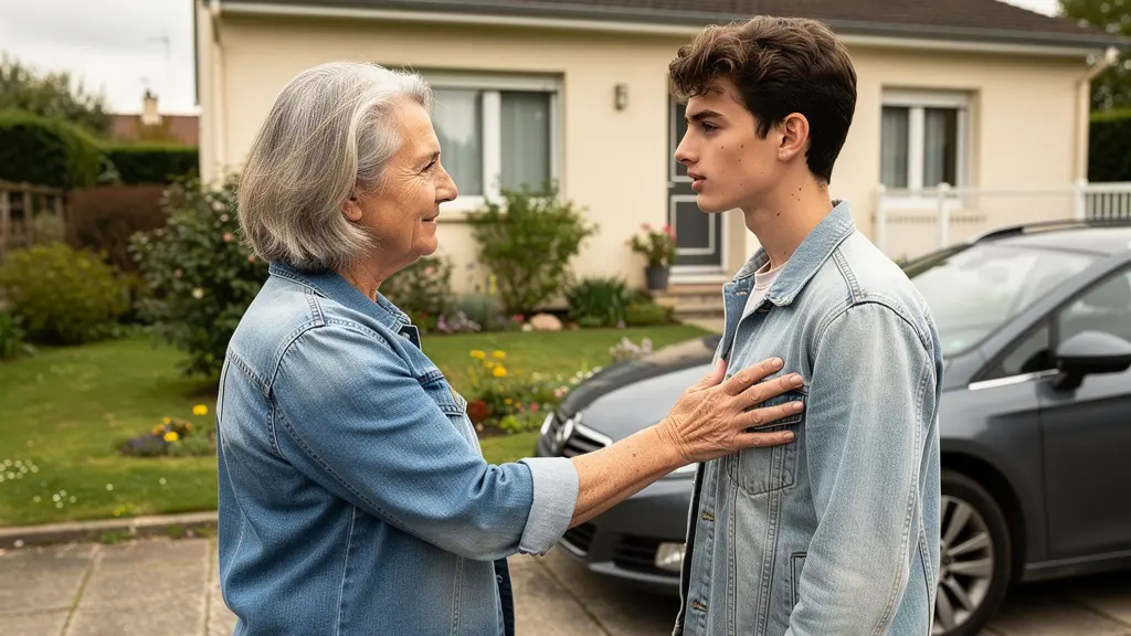 Parent transmettant les clés de voiture à un jeune adulte dans une allée résidentielle