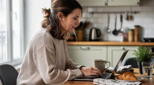 Femme comparant des offres d'assurance auto sur son ordinateur portable à domicile