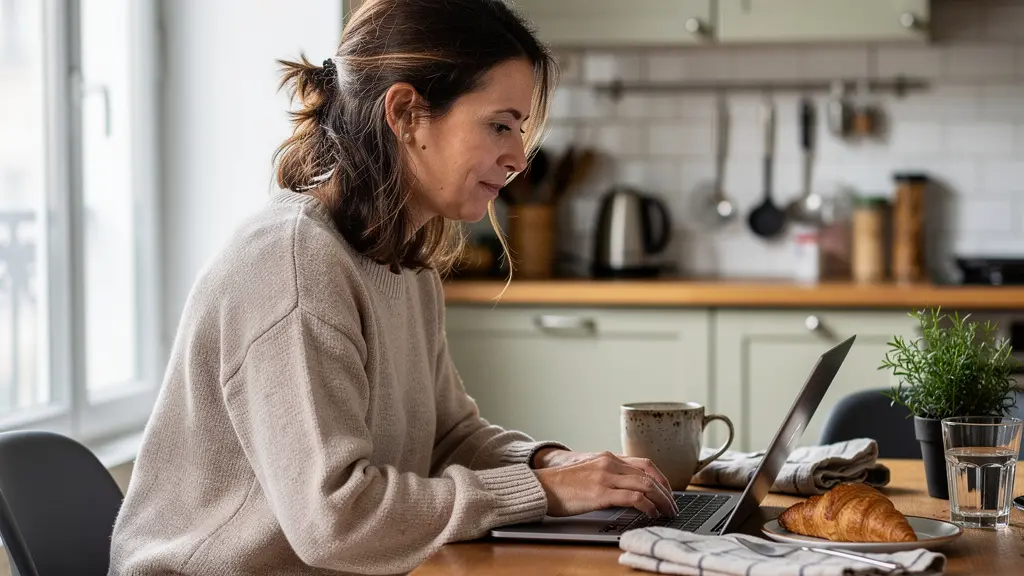 Femme comparant des offres d'assurance auto sur son ordinateur portable à domicile