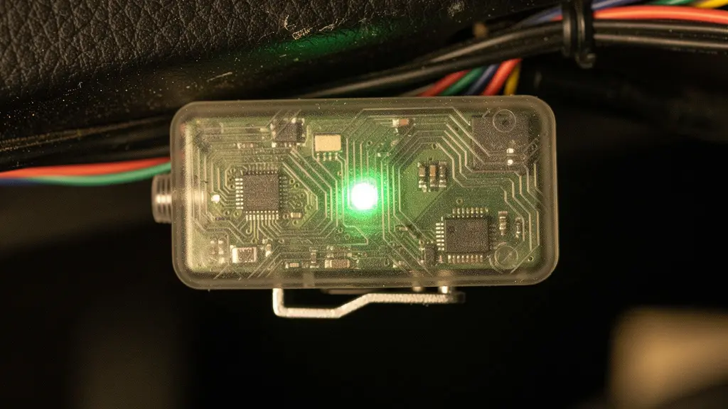 Gros plan sur un boîtier GPS fixé sous le tableau de bord d'un utilitaire, avec des câbles soigneusement rangés et une petite diode verte allumée