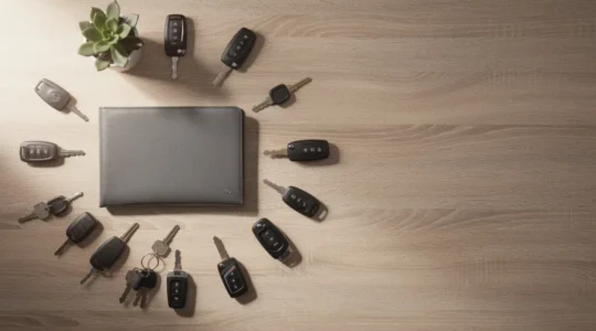 Vue en plongée d'un bureau de gestionnaire de flotte automobile épuré avec des clés de voitures disposées en motif ordonné, symbolisant une gestion optimisée et un gain de temps administratif