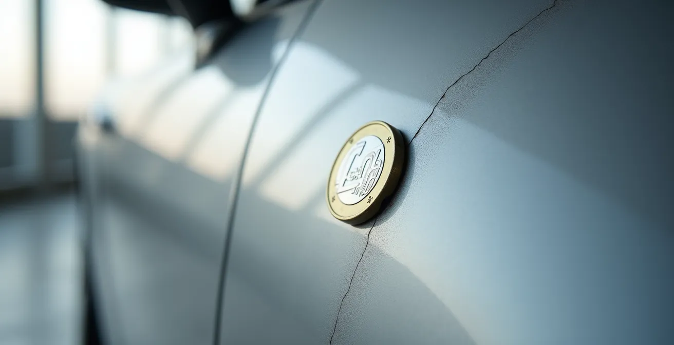 Détail macro d'une rayure superficielle sur carrosserie automobile avec pièce de référence